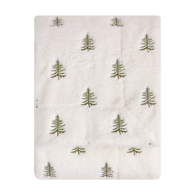 Winter Pines Woodland Polyester Throw in ecru, soft fleece fabric with embroidered green pine tree pattern scattered across the surface, shown folded on a plain white background.