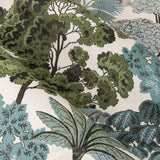 Close-up of Woodlands Jacquard Eyelet Curtains fabric, showing a woven woodland scene of layered trees in green, teal and grey on a cream ground with raised jacquard texture.