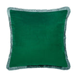 Woodlands Eyelet Velvet Cushion in green, square velvet fabric with brushed fringe trim edging, shown on a plain white background.