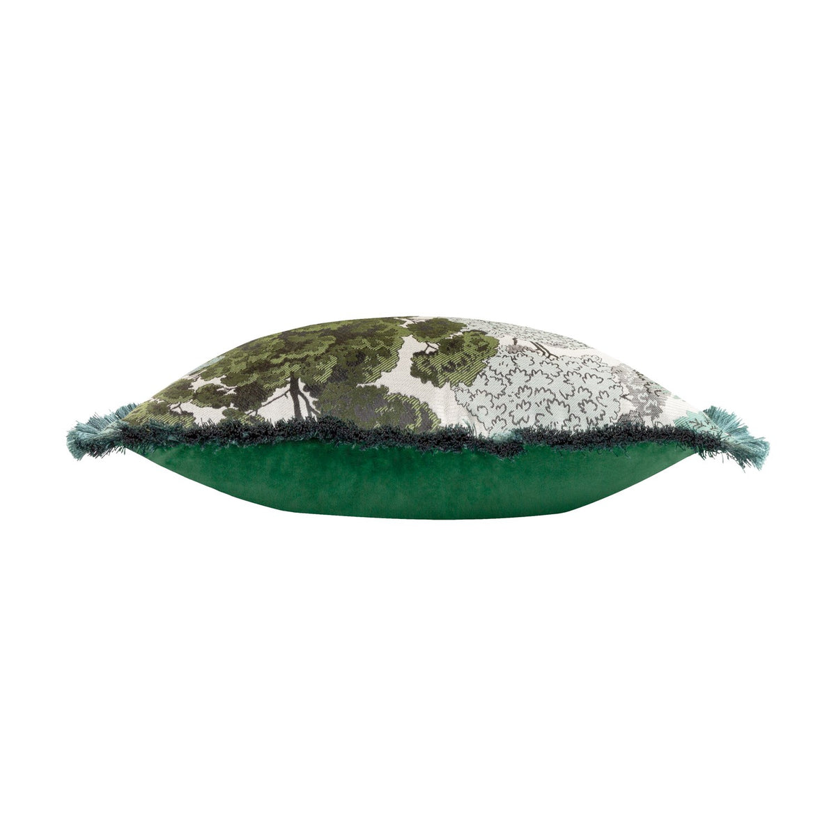 Side view of the Woodlands Eyelet Velvet Cushion in green, showing a woven woodland tree jacquard front, green velvet back, and teal fringe trim on a white background.