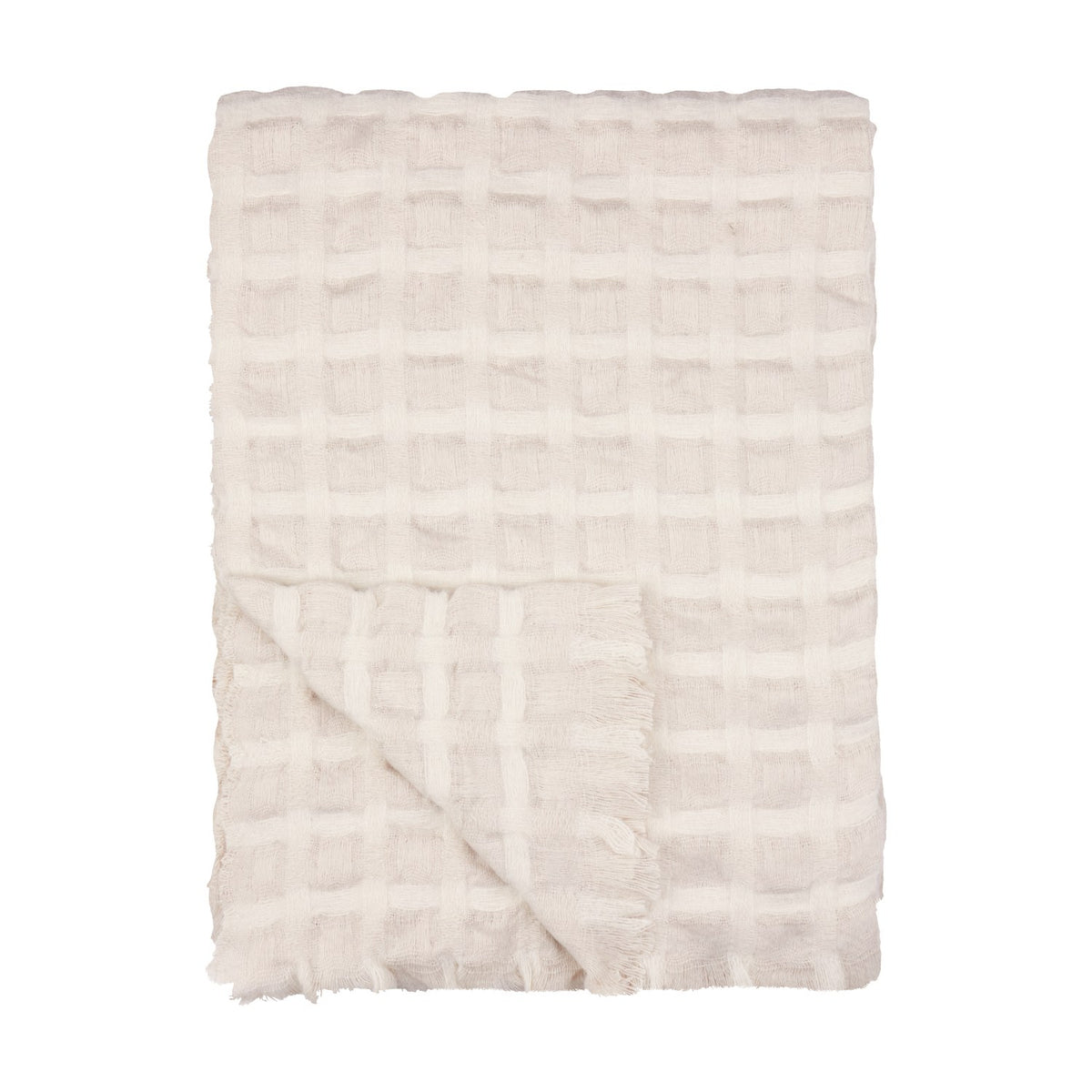 Walton Waffle Check Linen Throw in cream, folded to show its waffle-weave grid pattern and fringed edge, on a plain white background.
