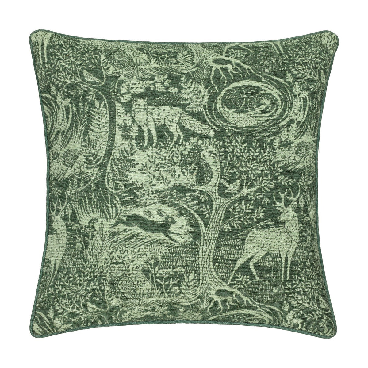 Winter Woods Jacquard Chenille Cushion in emerald green, a square design woven with forest animals including a fox, hare, stag and squirrel among trees and ferns, shown on a white background.