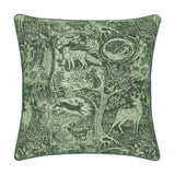 Winter Woods Jacquard Chenille Cushion in emerald green, a square design woven with forest animals including a fox, hare, stag and squirrel among trees and ferns, shown on a white background.