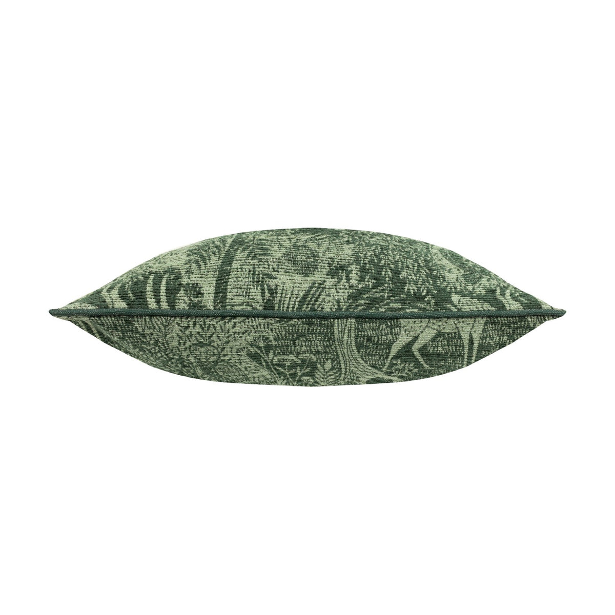 Side view of the Winter Woods Jacquard Chenille Cushion in emerald, showing a woven forest scene of deer and trees in two-tone green with piped edging, on a white background.