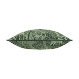 Side view of the Winter Woods Jacquard Chenille Cushion in emerald, showing a woven forest scene of deer and trees in two-tone green with piped edging, on a white background.