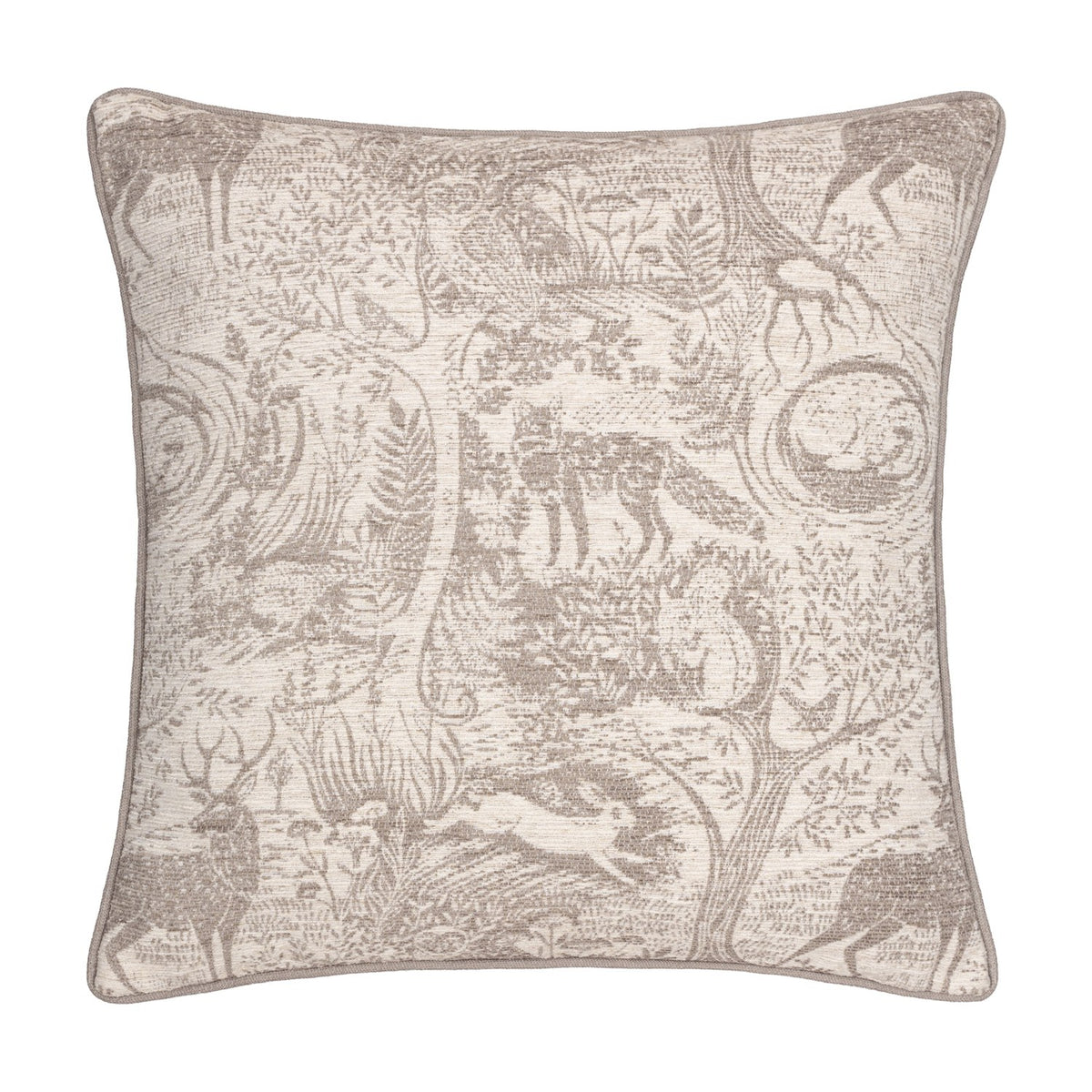 Winter Woods Jacquard Chenille Cushion in taupe, a square design woven with woodland creatures, stags, hares and trees against a cream chenille ground, shown on a white background.