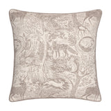 Winter Woods Jacquard Chenille Cushion in taupe, a square design woven with woodland creatures, stags, hares and trees against a cream chenille ground, shown on a white background.