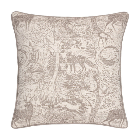 Winter Woods Jacquard Chenille Cushion in taupe, a square design woven with woodland creatures, stags, hares and trees against a cream chenille ground, shown on a white background.