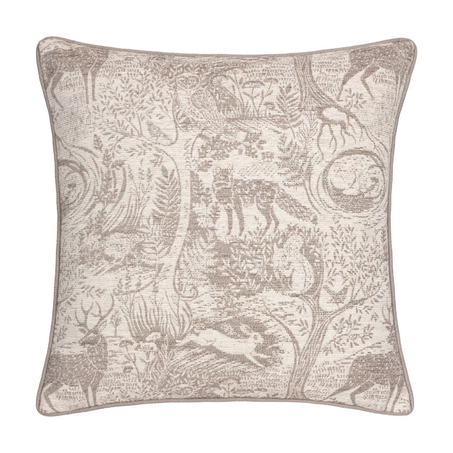 Winter Woods Jacquard Chenille Cushion in taupe, a square design woven with woodland creatures, stags, hares and trees against a cream chenille ground, shown on a white background.