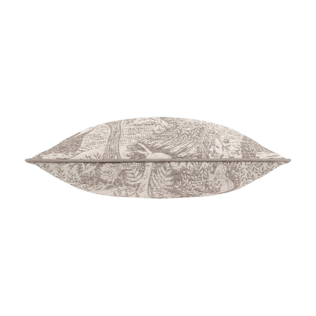 Winter Woods Jacquard Chenille Cushion in taupe, shown side-on with woodland creature and foliage weave along the edge, set against a plain white background.