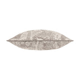 Winter Woods Jacquard Chenille Cushion in taupe, shown side-on with woodland creature and foliage weave along the edge, set against a plain white background.