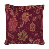 Square Zurich Jacquard Polyester Cushion in burgundy with a woven floral pattern in gold, red and green tones, shown on a plain white background.