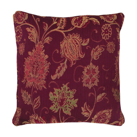Square Zurich Jacquard Polyester Cushion in burgundy with a woven floral pattern in gold, red and green tones, shown on a plain white background.
