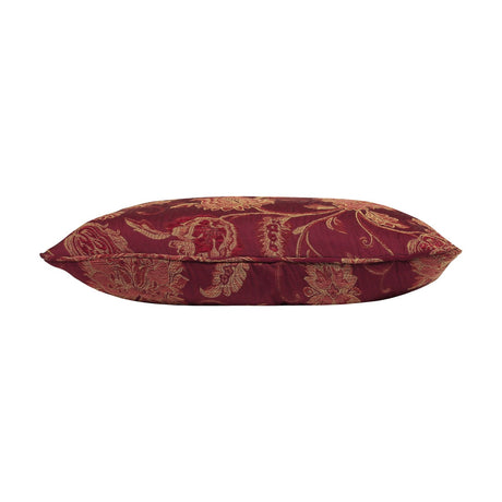 Zurich Jacquard Polyester Cushion in burgundy, shown side-on with piped edge, featuring a woven gold and green floral pattern on a plain white background.