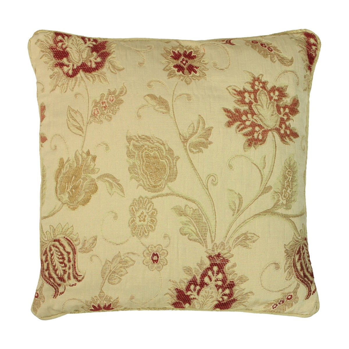 Zurich Jacquard Polyester Cushion in champagne with woven floral pattern in red and gold, featuring piped edges, shown on a plain white background.