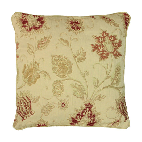 Zurich Jacquard Polyester Cushion in champagne with woven floral pattern in red and gold, featuring piped edges, shown on a plain white background.
