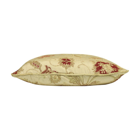 Zurich Jacquard Polyester Cushion in champagne, shown side-on with piped edges and a woven floral pattern in red and gold, on a plain white background.