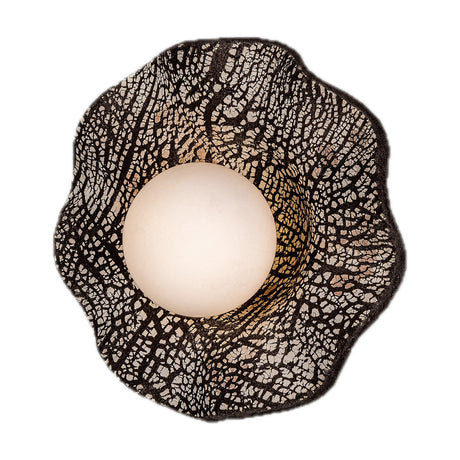 Rivale Ceramic Globe Wall Light in Black Clay, a ruffled crackle-glazed ceramic shade with an opal glass globe centre, shown on a white background.