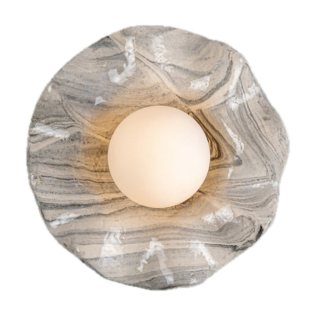 Rivale Ceramic Globe Wall Light IP44 in Marbled grey and white glaze, with a frosted glass globe lit at the centre of the wavy dish, shown on a white background.