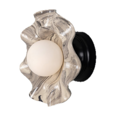 Rivale Ceramic Globe Wall Light with a frosted glass globe set within a ruffled, marbled grey and cream ceramic surround and black circular wall mount, shown on a plain white background.