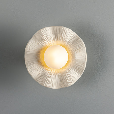 Rivale Ceramic Globe Wall Light in Matt White Striped, round ridged ceramic shade with a glowing central glass globe, shown against a plain grey background.