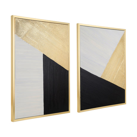 Roberval Wall Art Set of 2, gold-framed abstract panels in angular black, white and gold blocks with textured ridged paintwork, shown against a plain white background.