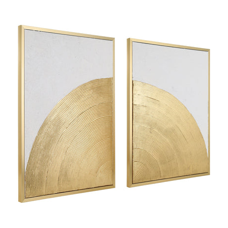 Roberval Wall Art set of two gold-framed panels, each with a textured white ground and ribbed gold quarter-circle that align to form a half-circle, shown on a white background.