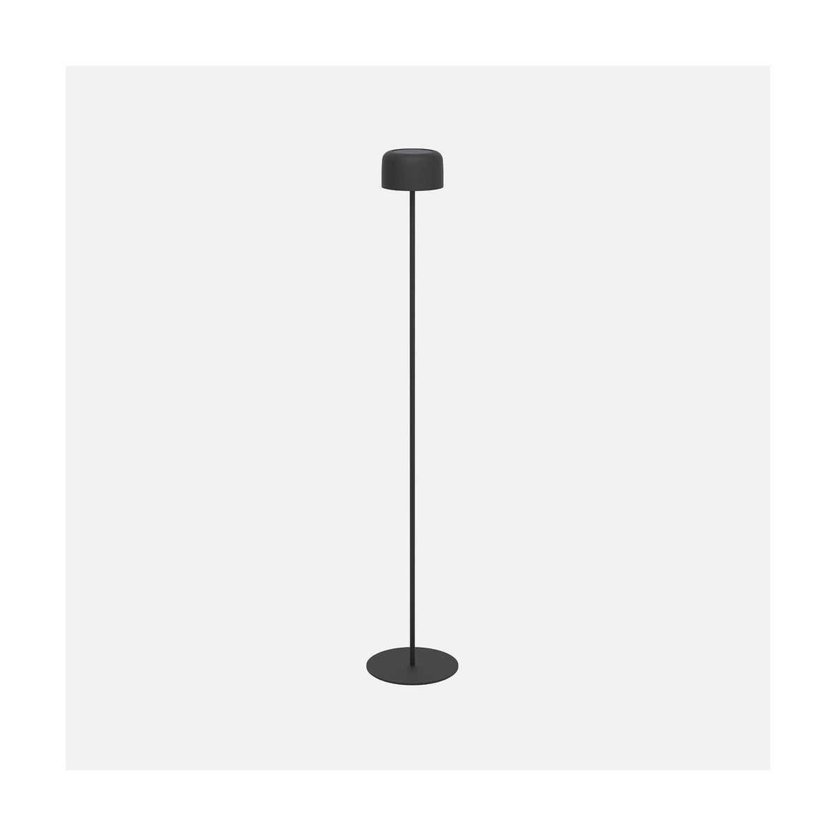 Roccanova-L solar LED floor lamp in black steel, slim stem with drum-shaped head and round disc base, shown on a plain white background.