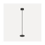 Roccanova-L solar LED floor lamp in black steel, slim stem with drum-shaped head and round disc base, shown on a plain white background.