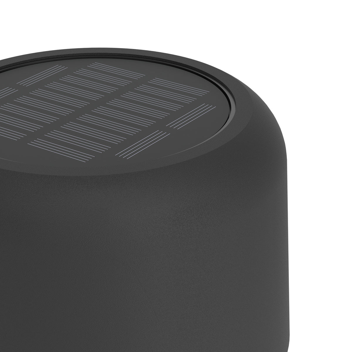 Close-up of the Roccanova-L solar LED floor lamp's cylindrical black steel head, showing the ribbed solar panel set into the top surface, on a plain white background.
