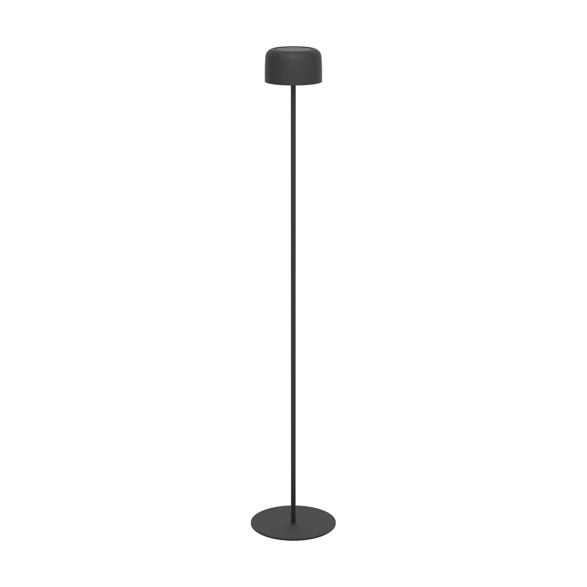 Roccanova-L solar LED floor lamp in black steel, with a slim stem, drum-shaped head, and round disc base, shown against a plain white background.
