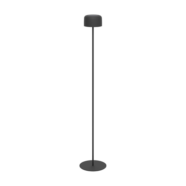 Roccanova-L solar LED floor lamp in black steel, with a slim stem, drum-shaped head, and round disc base, shown against a plain white background.