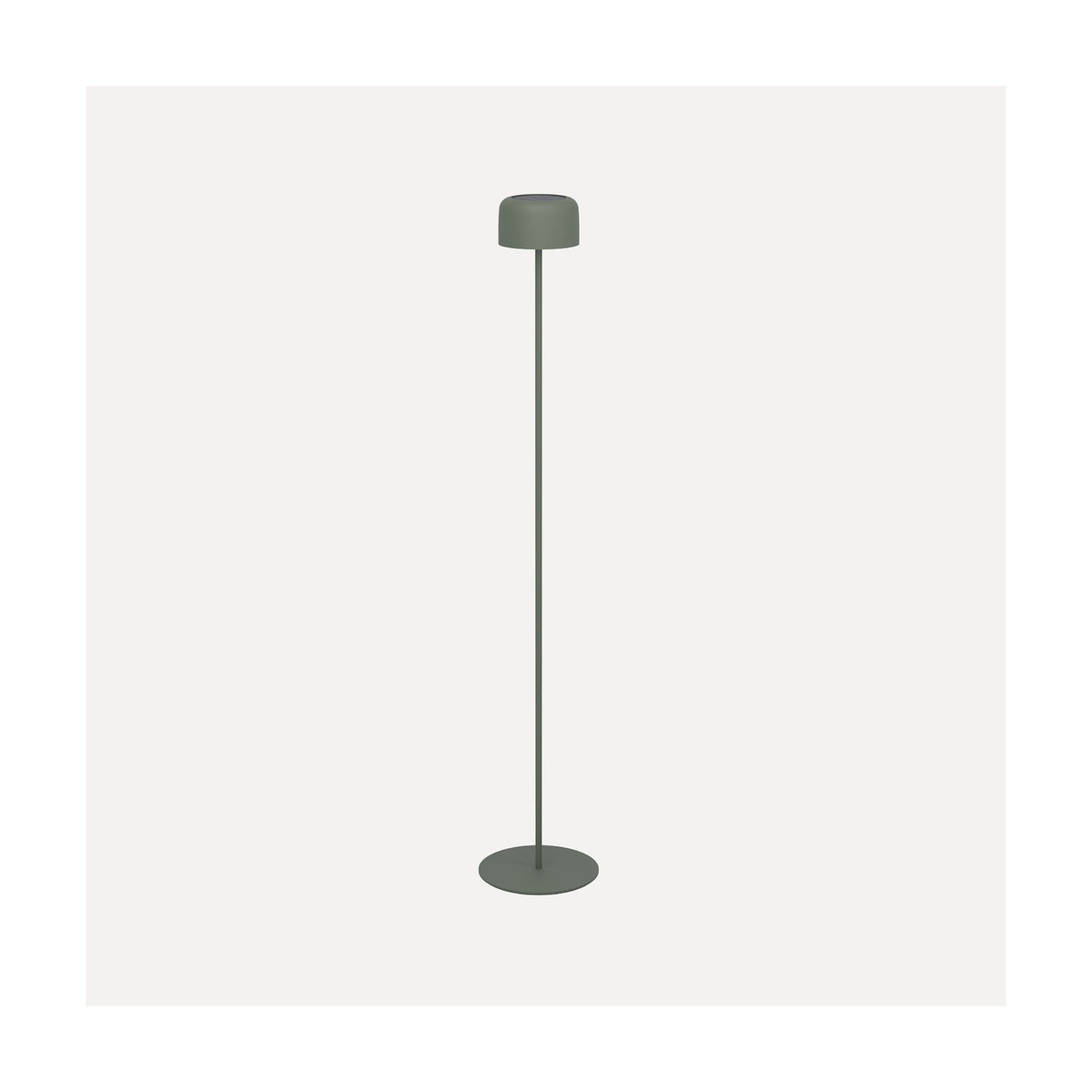Roccanova-L solar LED floor lamp in Dark Sage, with a drum-shaped head on a slim steel stem and round disc base, shown against a plain light background.