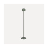 Roccanova-L solar LED floor lamp in Dark Sage, with a drum-shaped head on a slim steel stem and round disc base, shown against a plain light background.