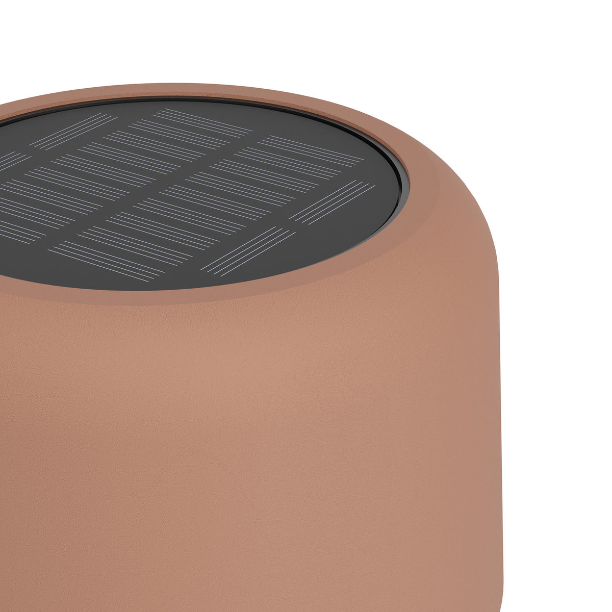 Close-up of the Roccanova-L solar LED floor lamp's drum-shaped head in terracotta steel, showing the integrated solar panel on top, against a plain white background.