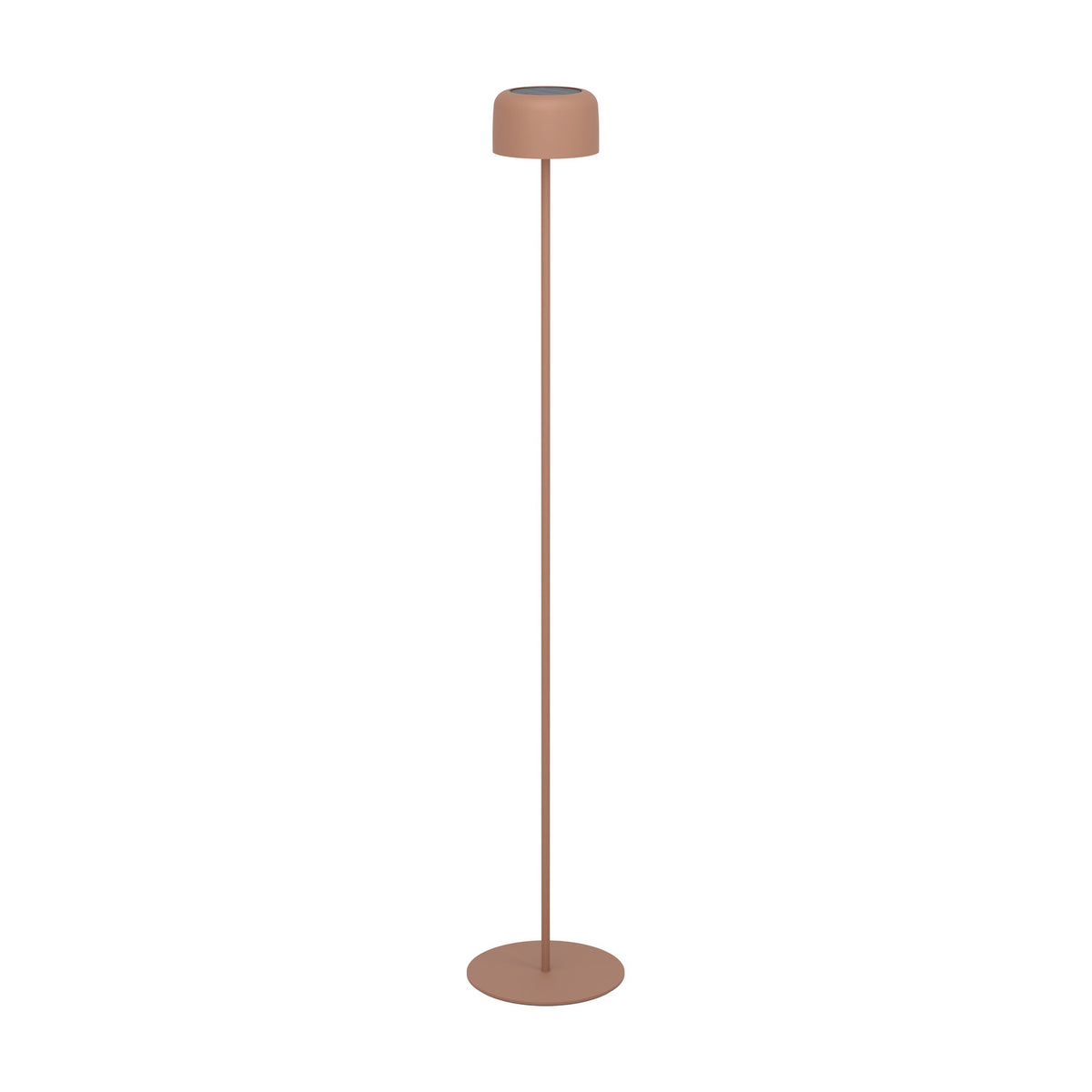 Roccanova-L solar LED floor lamp in terracotta steel, with a drum-shaped head, slim stem and round disc base, shown on a plain white background.