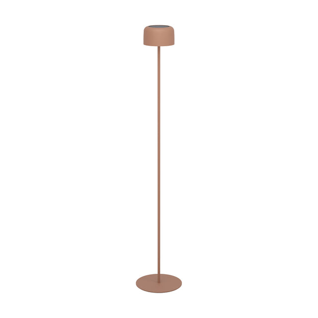 Roccanova-L solar LED floor lamp in terracotta steel, with a drum-shaped head, slim stem and round disc base, shown on a plain white background.