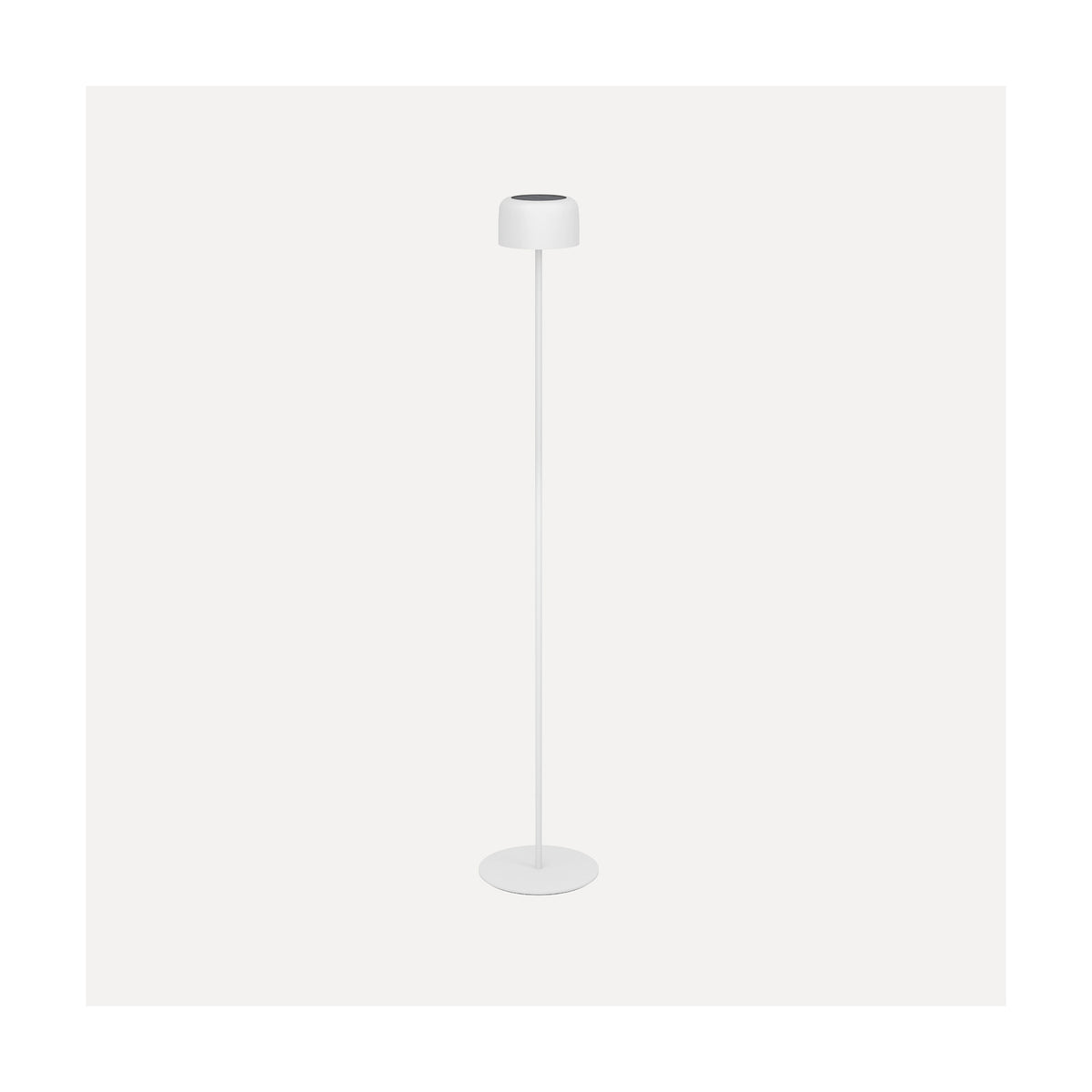 Roccanova-L solar LED floor lamp in white, with a drum-shaped head, slim steel stem and round disc base, shown on a plain light background.
