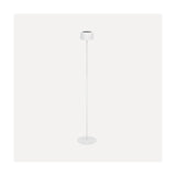 Roccanova-L solar LED floor lamp in white, with a drum-shaped head, slim steel stem and round disc base, shown on a plain light background.