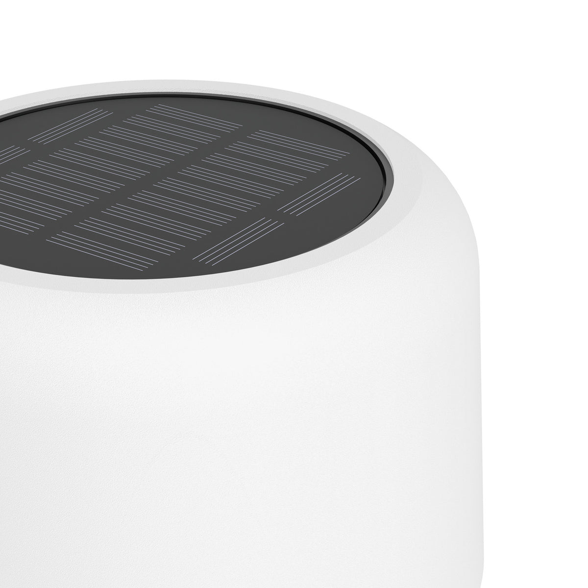 Close-up of the Roccanova-L solar LED floor lamp's white drum-shaped head with built-in solar panel on top, shown against a plain white background.