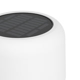 Close-up of the Roccanova-L solar LED floor lamp's white drum-shaped head with built-in solar panel on top, shown against a plain white background.