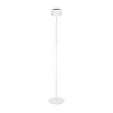 Roccanova-L solar LED floor lamp in white, with a drum-shaped head, slim steel stem, and round disc base, shown against a plain white background.