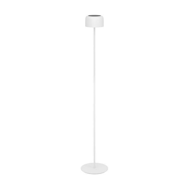 Roccanova-L solar LED floor lamp in white, with a drum-shaped head, slim steel stem, and round disc base, shown against a plain white background.