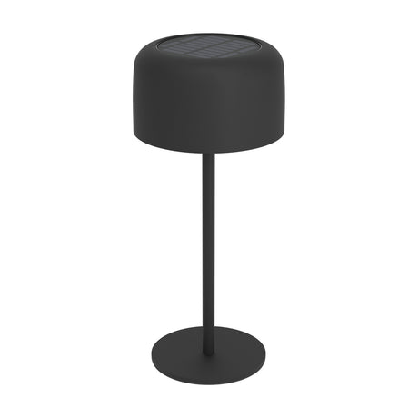 Roccanova Solar LED Touch Table Lamp in black steel, with a domed shade featuring a top solar panel, slim stem and round flat base, shown on a plain white background.