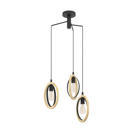 Rolmanne 3 Light Pendant in black steel and wood, with round canopy, three black cords each holding an oval wooden ring and inner black loop around an E27 bulb, on a white background.