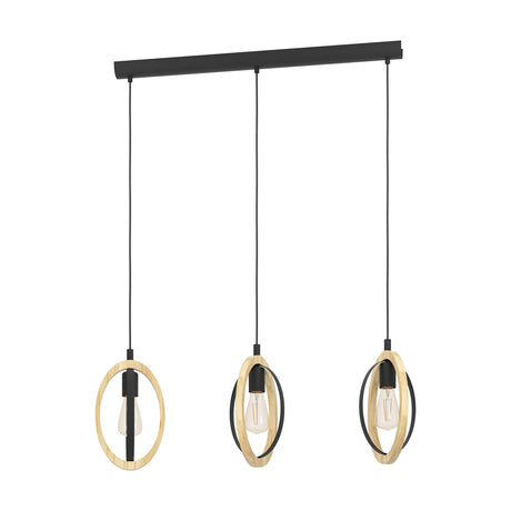 Rolmanne Linear Pendant Light featuring a black ceiling bar with three hanging oval pendants, each combining a pale wood ring and black ring around an exposed E27 bulb, on a white background.