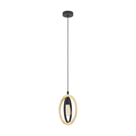 Rolmanne single pendant light with a black ceiling canopy and cable, featuring a natural wood oval ring and inner black steel band around a bare E27 bulb, on a white background.