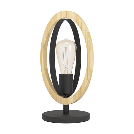Rolmanne Table Lamp 34.5cm with a light wood outer oval frame and black steel inner ring, E27 bulb exposed, round black base, on a plain white background.