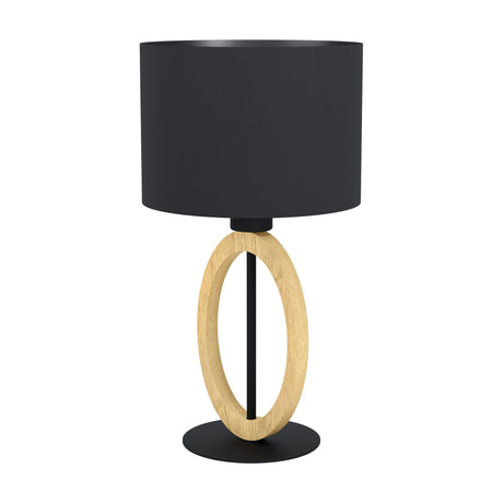Rolmanne Table Lamp 42.5cm in black and brown, with a black fabric drum shade, oval light wood ring stem, and round black steel base on a white background.