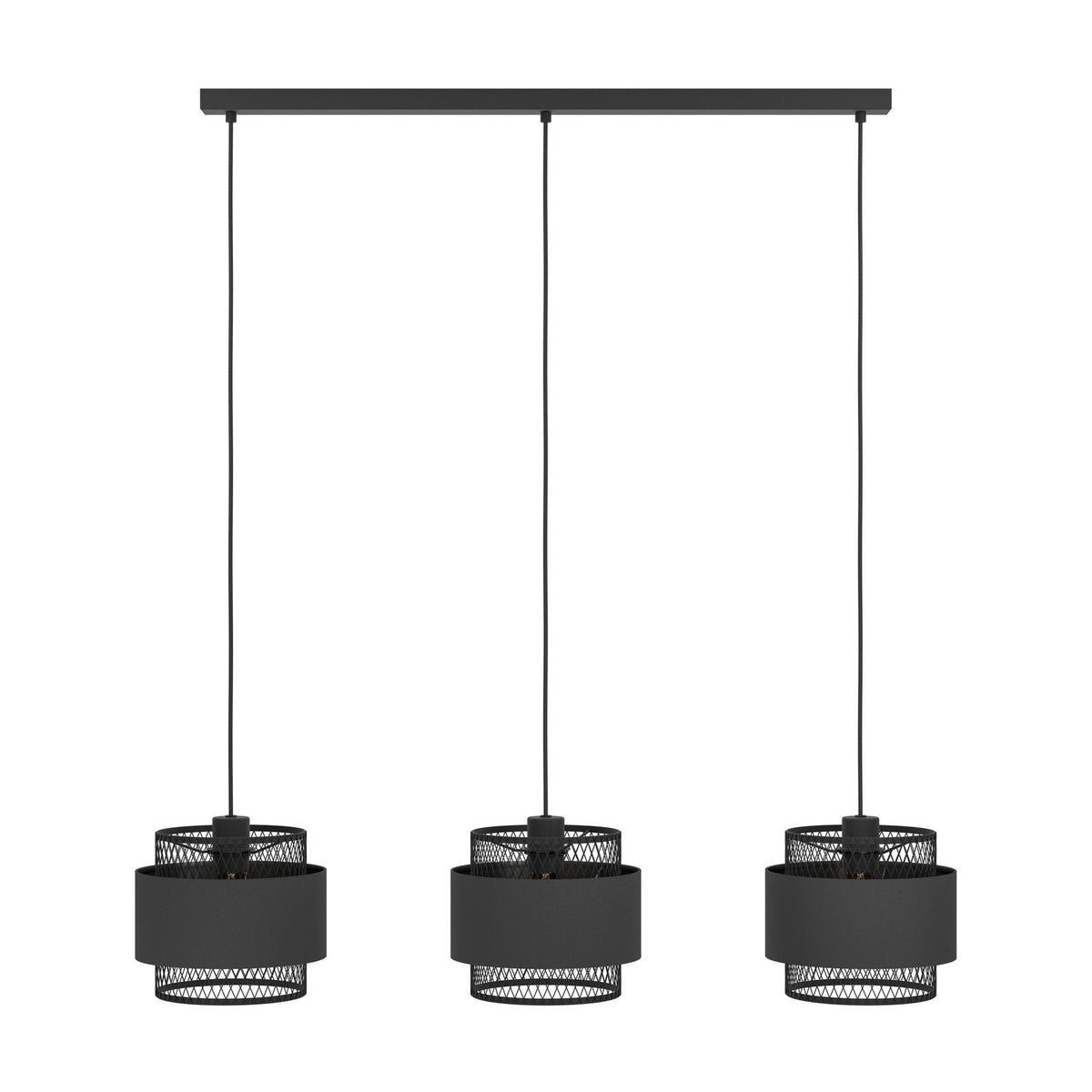 Ronarne linear pendant light with black ceiling bar and three black fabric drum shades layered between diamond-mesh tiers, black steel frame, on a white background.